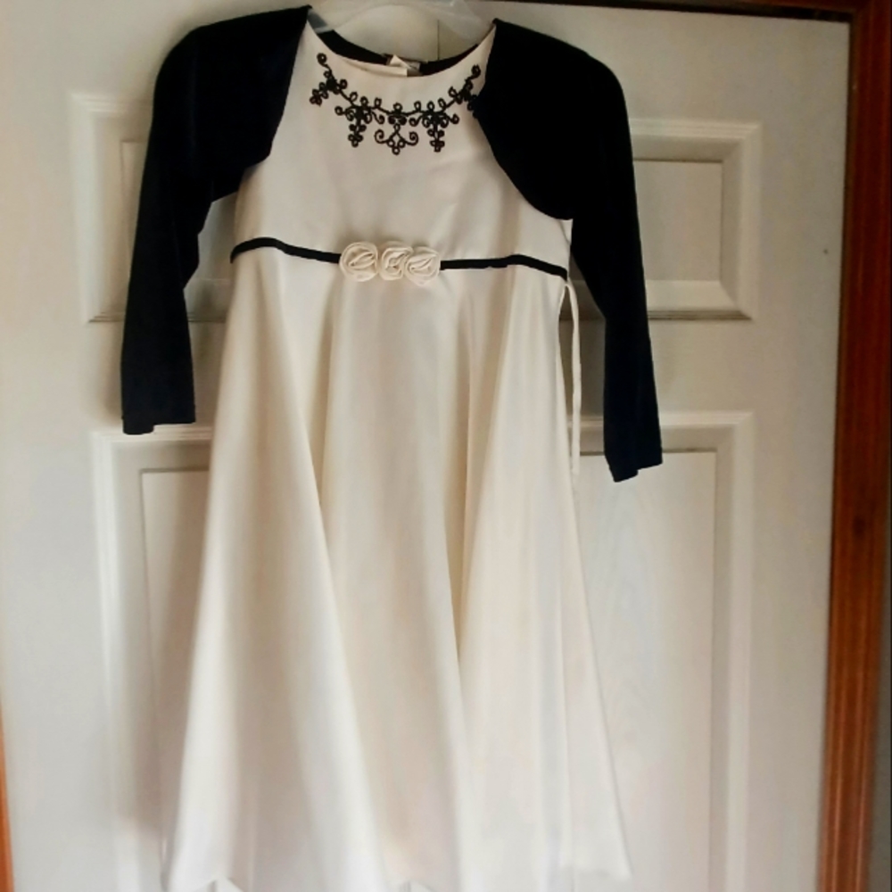 Formal cream satin look dress with flowwrs and black jacket